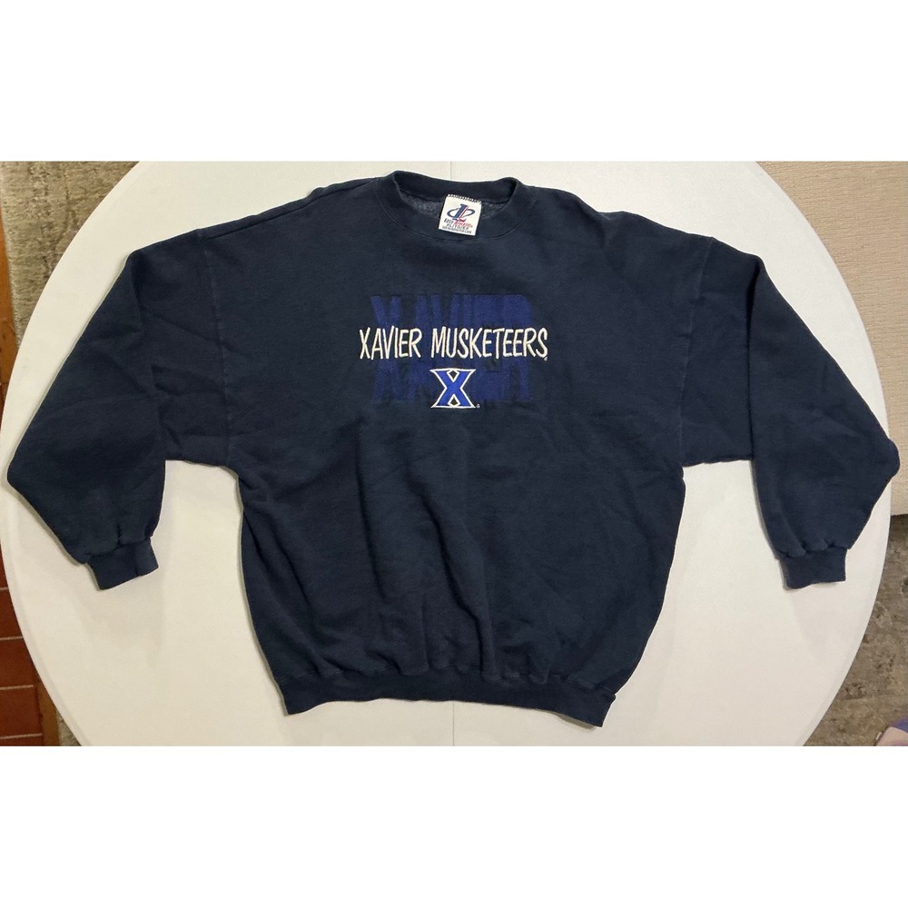 VTG USA Made Xavier Musketeers Sweatshirt Crewneck‎ Navy Blue Mens XL Durable
